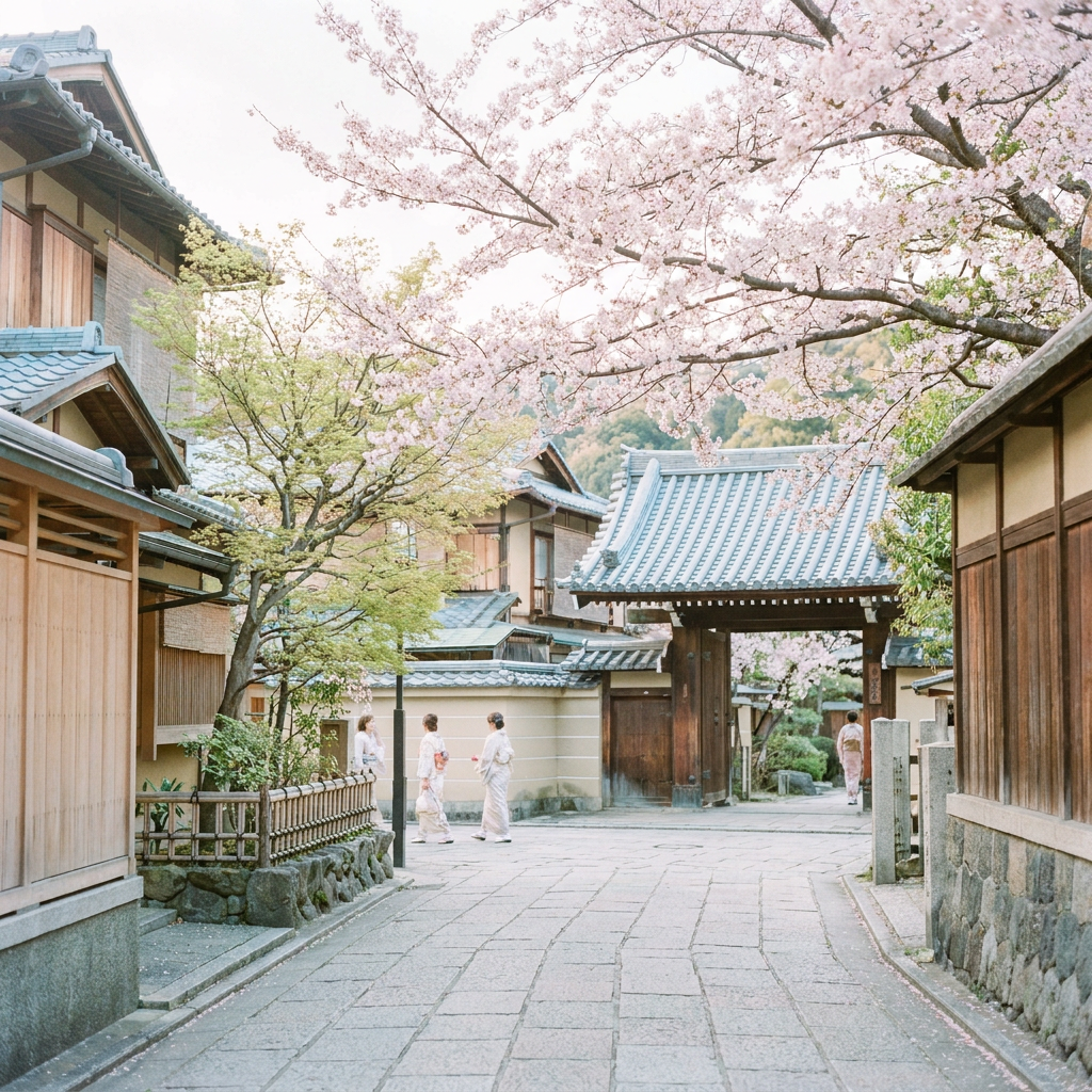 Kyoto street with soft pastel tones and cherry blossoms